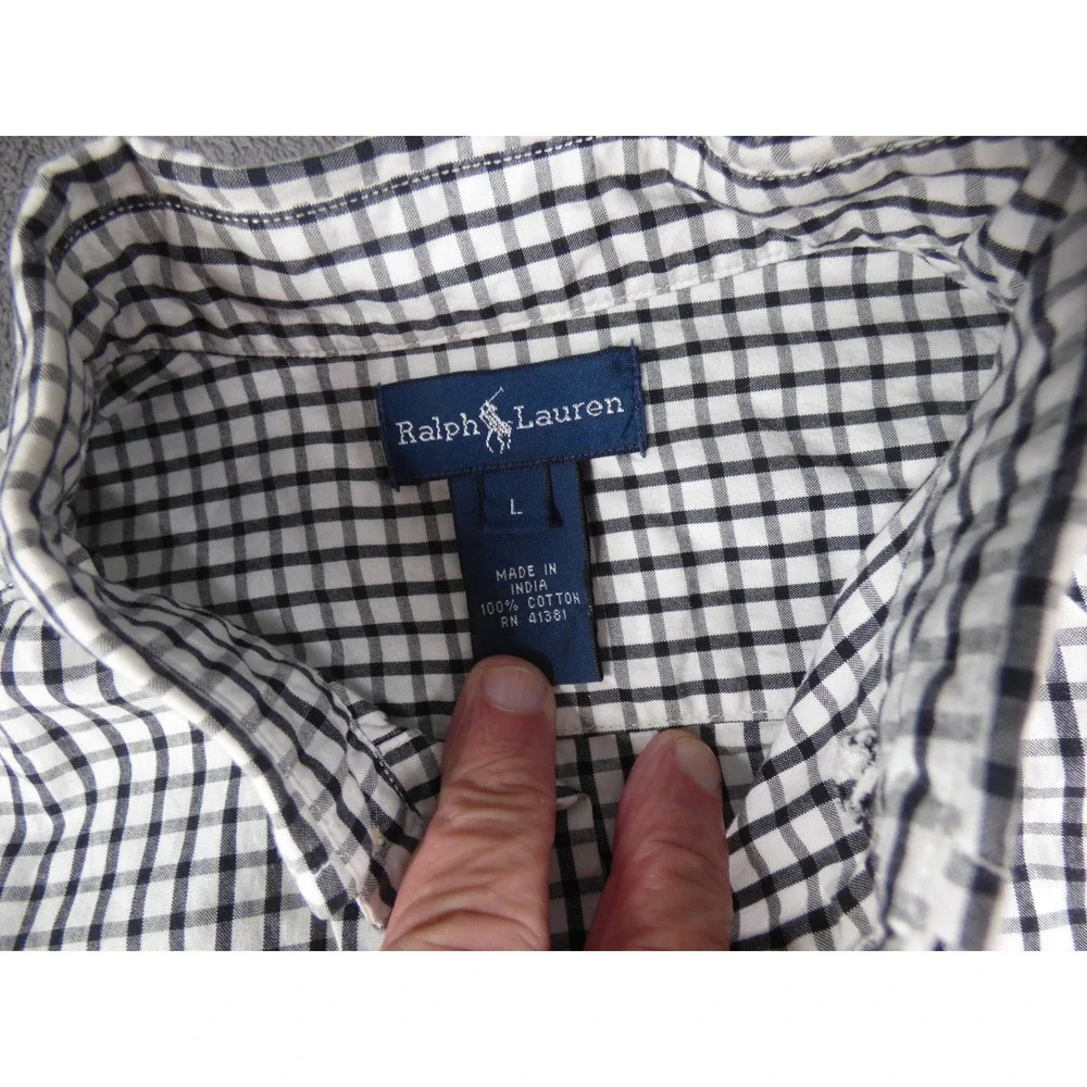 Ralph Lauren Boys Large Gingham Check Button Down Shirt Navy White Cotton L